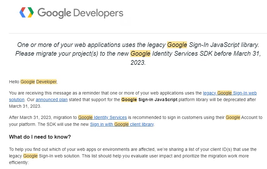 มีการเเจ้งการเปลี่ยนแปลงในส่วนของ Google Sign-In ซึ่งจะมีการยกเล