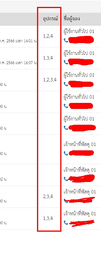 สอบถามการแสดง "รายการอุปกรณ์" ของระบบจองห้องประชุม