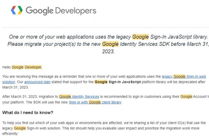 มีการเเจ้งการเปลี่ยนแปลงในส่วนของ Google Sign-In ซึ่งจะมีการยกเล